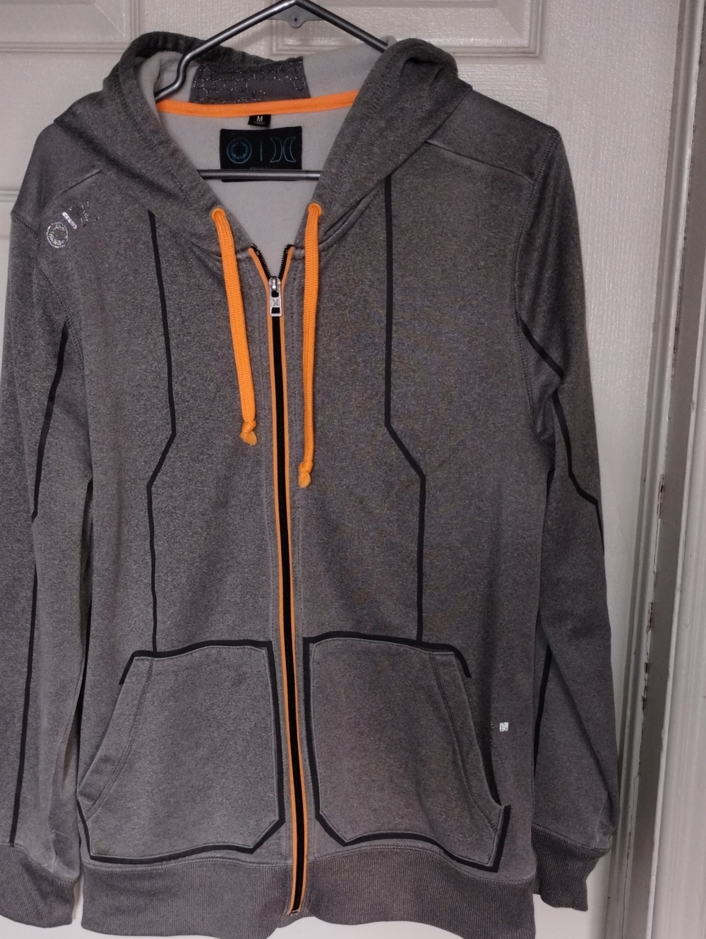 Hurley Gray Zip-Up Sweatshirt with Yellow Drawstrings. Size Med